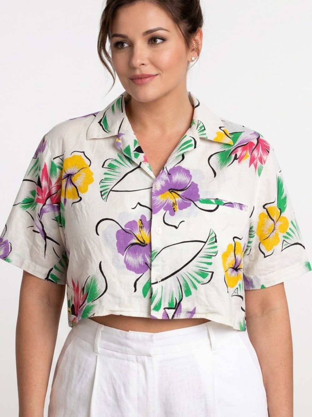 Vintage Hilo Hattie Vintage Hawaiian Floral Crop Shirt Size XL